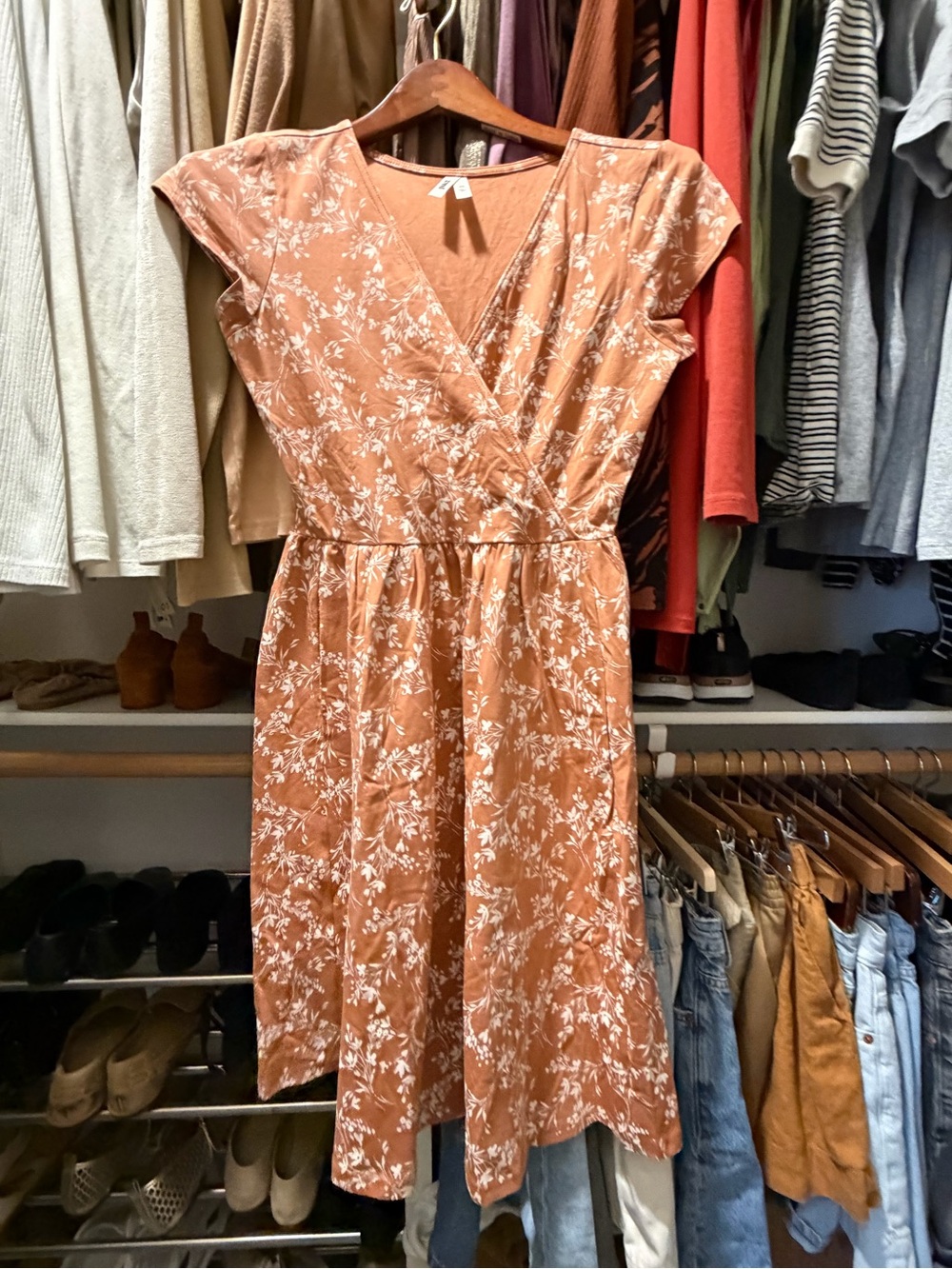 Pact Fit & Flare Ochre Peach Tan Crossover Midi Dress XS - Picture 3 of 6
